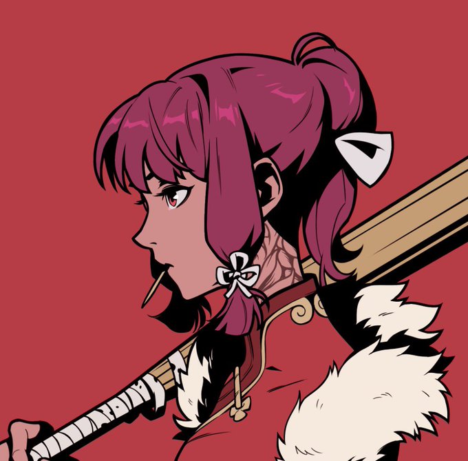 An anime-style illustration of a woman with magenta hair in a high ponytail, holding a large weapon and smoking a cigarette against a red background.