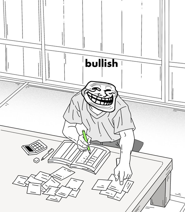 A black-and-white trollface meme of a man writing in a book with the word 'bullish' above his head, sitting at a desk with papers and a calculator.