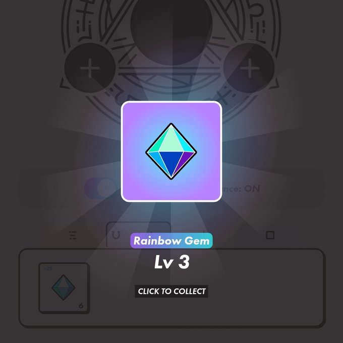 The image features a purple square with a blue diamond at its center, which appears to be a gemstone or crystal. The text "Rainbow Gem" is written below the gemstone, along with the number "3". There are also two other diamonds in the image, one located above and another below the main gemstone.