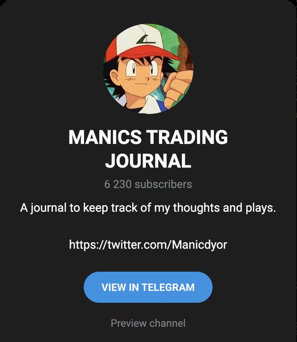The image shows a Telegram channel preview for "MANICS TRADING JOURNAL" with 6,230 subscribers, featuring an Ash Ketchum avatar and a description reading "A journal to keep track of my thoughts and plays," alongside a Twitter link (@Manicdyor). The post ties to it by promoting the channel as a place to join and "cook" (trade/invest) with the creator, referencing a $100,000 gain on Ansem and teasing future 100x opportunities.