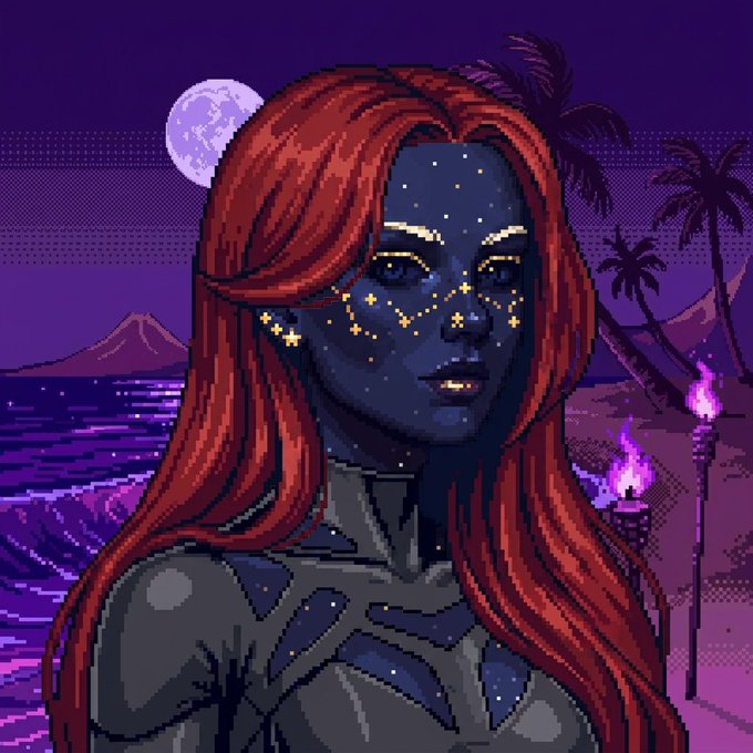Pixel art illustration of a dark-skinned woman with flowing red hair and starry constellations on her face, standing before a tropical beach backdrop at night.