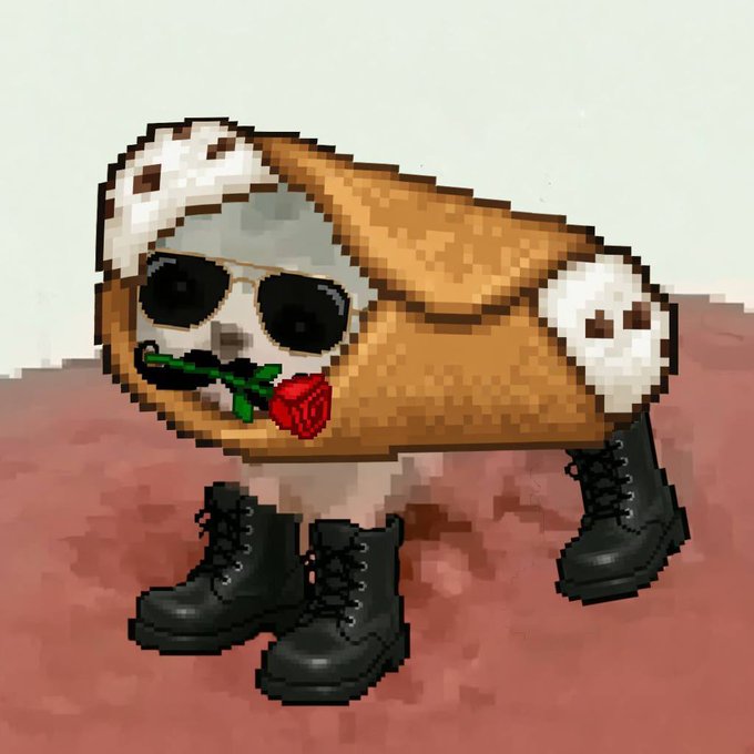 A pixel art character of a burrito in a tortilla with sunglasses, holding a rose in its mouth, wearing black combat boots against a Mars-like landscape.