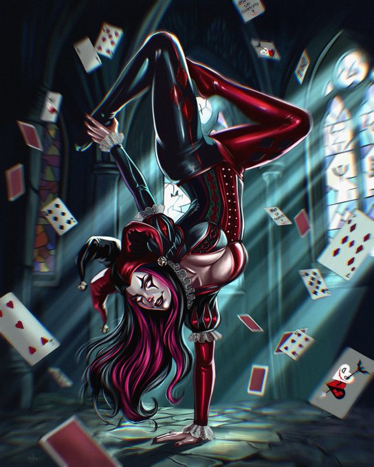 An illustration of Harley Quinn in a red and black jester costume performing a handstand amid a swirl of floating playing cards, with stained glass windows visible in the background.