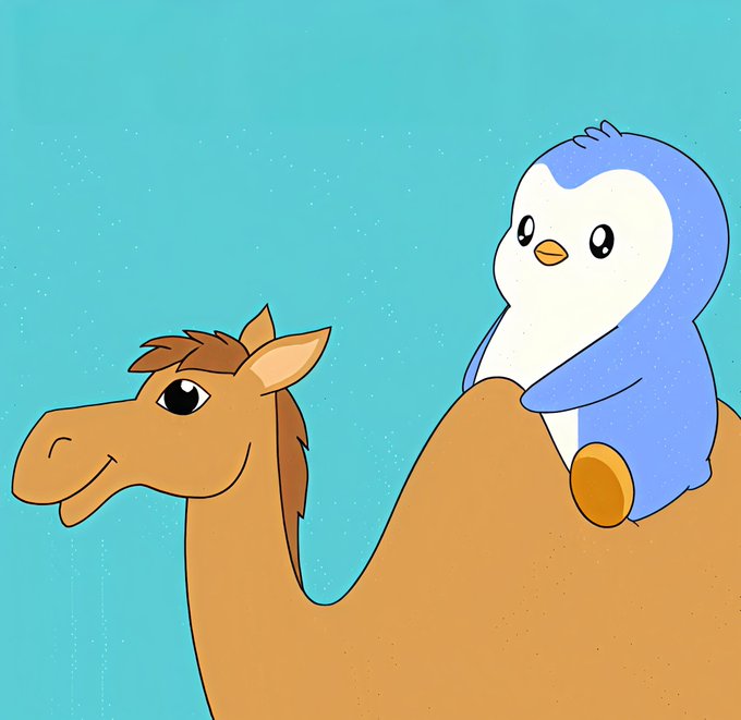 A cute cartoon illustration of a blue and white penguin riding on the back of a tan camel against a teal background.