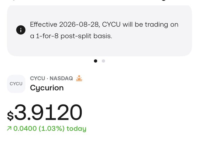 A stock information display shows CYCU (Cycurion) on NASDAQ trading at $3.9120, up $0.0400 (1.03%) today, with a notice announcing that effective August 28, 2026, the stock will trade on a 1-for-8 post-split (reverse stock split) basis, illustrating the reverse split event the post anticipates will likely cause a price dump.