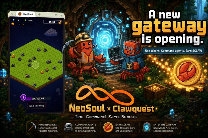 The image is a promotional graphic announcing a partnership between NeoSoul AI and Clawquest, featuring pixel-art characters beside a portal with the headline "A new gateway is opening," instructions to "Use tokens. Command agents. Earn $CLAW," and a mobile screenshot of the ClawQuest Telegram mini app showing a 27/100 XP progress bar with an "End mining" button. An orange infinity-symbol logo ties the branding together above the tagline "Mine. Command. Earn. Repeat." The visuals directly support the post's message by illustrating the Telegram Mini App integration and the $CLAW token economy that community members can explore through the campaign.