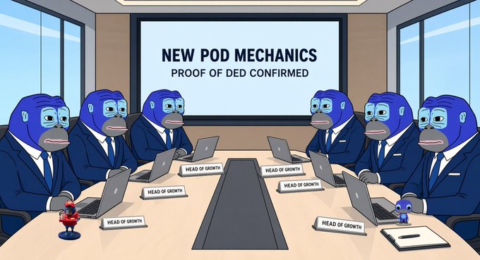 A cartoon illustration shows six blue monkey figures in business suits sitting around a conference table labeled 'HEAD OF GROWTH', with a presentation screen reading 'NEW POD MECHANICS - PROOF OF DED CONFIRMED'.