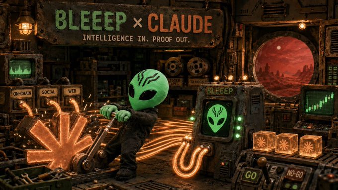 Digital artwork featuring a green alien character working in a sci-fi workshop with the text 'BLEEEP x CLAUDE' and 'INTELLIGENCE IN. PROOF OUT.' displayed above.