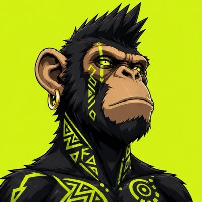 A digital illustration of a serious-looking black chimpanzee with glowing green tribal markings on its face and body, wearing a gold hoop earring, set against a bright lime-green background.