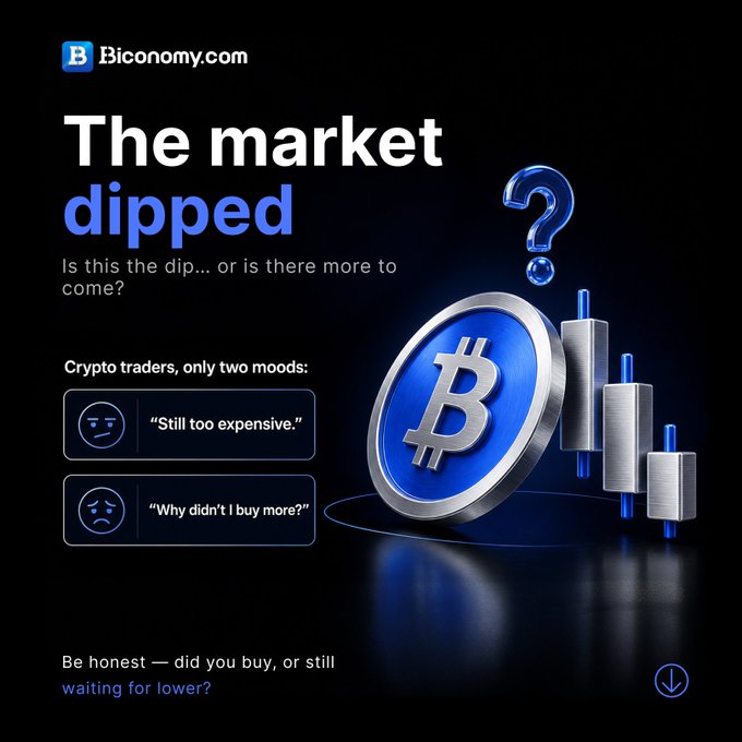 A graphic from Biconomy.com titled 'The market dipped' featuring a Bitcoin coin and asking if the dip is over, with humorous quotes from crypto traders.