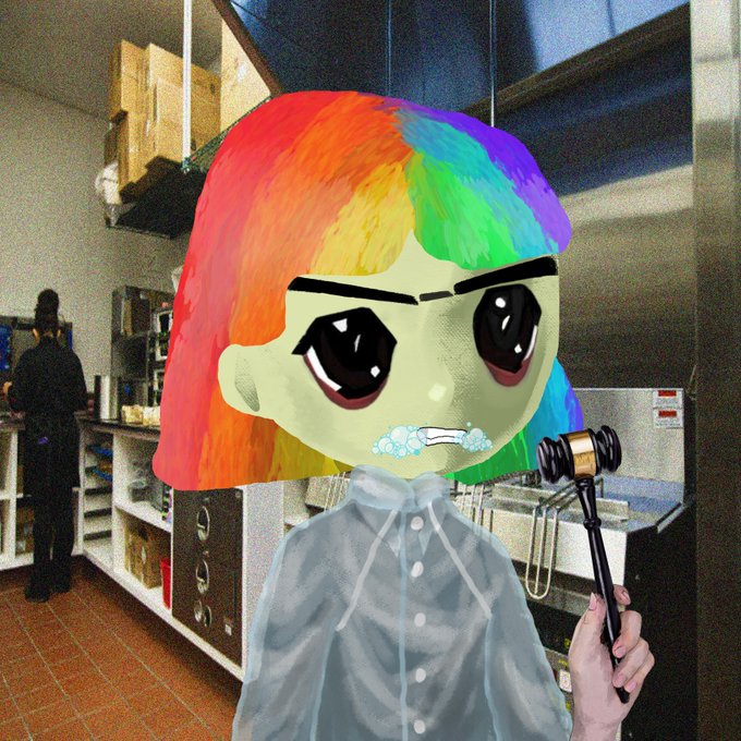 A digital illustration shows a cartoonish figure with rainbow-colored hair and an exaggerated grumpy expression, holding a gavel in what appears to be a cafe setting.