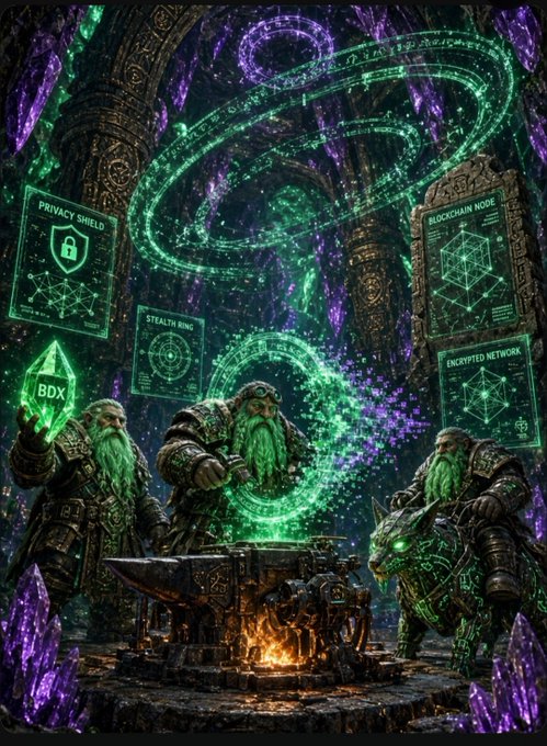 A digital fantasy illustration depicting three dwarven warriors around an anvil, with glowing green holographic interfaces displaying "PRIVACY SHIELD," "STEALTH RING," "BDX," "BLOCKCHAIN NODE," and "ENCRYPTED NETWORK" amidst purple crystals.