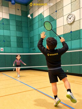 A child in Binance-branded athletic wear jumps to hit a shuttlecock with a racket while a coach observes on an indoor court. The "BINANCE VIP" watermark and Binance logo on the child's clothing connect the image to the post's theme of crypto enthusiasts staying healthy, likening the consistency of tennis training to the long-term discipline needed in investing.