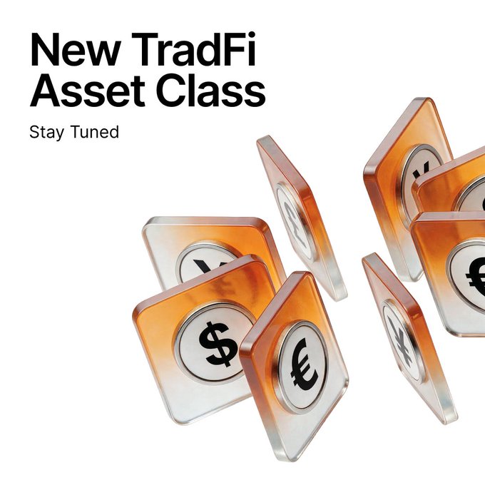 The image shows multiple 3D-rendered transparent orange cubes, each containing circular currency symbols including the dollar ($), euro (€), and yen (¥), alongside bold text reading "New TradFi Asset Class" with the subtitle "Stay Tuned." This visually teases an upcoming expansion of asset offerings, aligning with the post's hint that something new is coming after stocks, ETFs, and commodities.