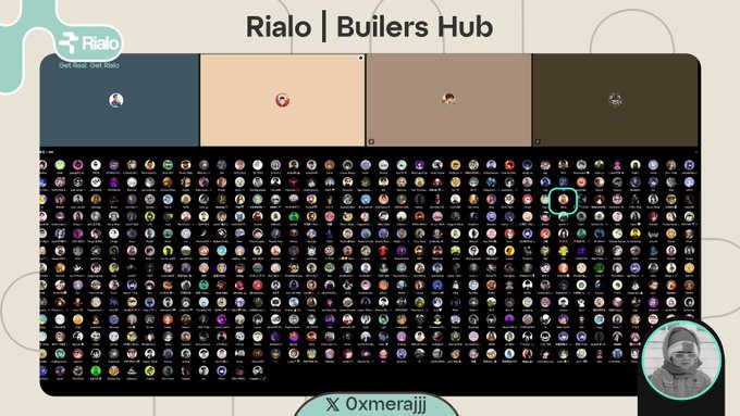 A screenshot of the 'Rialo | Builers Hub' interface displaying numerous circular profile icons in a grid, with 'Rialo' and 'X Oxmerajjj' visible.