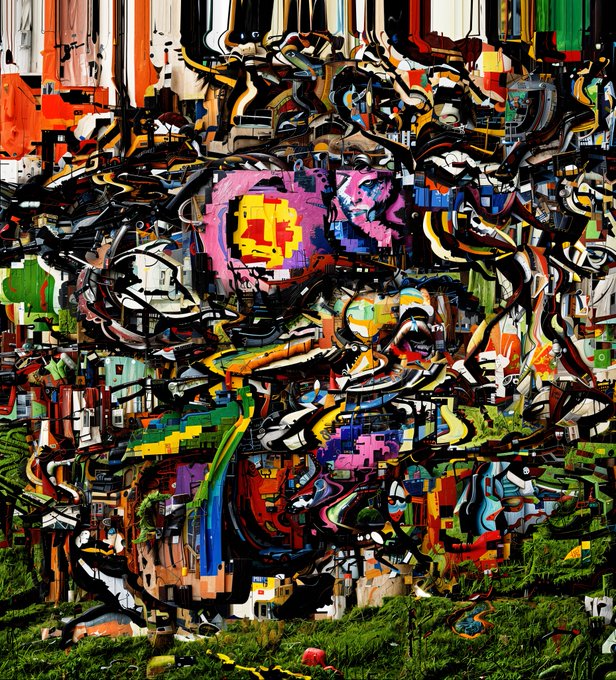 A highly stylized, distorted digital artwork featuring a central figure with a yellow and red face surrounded by chaotic, glitch-like patterns and vibrant colors.