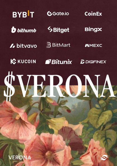 Promotional graphic announcing the official listing of $VERONA on multiple top cryptocurrency exchanges (Bybit, Gate.io, CoinEx, Bithumb, Bitget, BingX, Bitvavo, BitMart, MEXC, KuCoin, Bitunix, and DigiFinex), with the token name prominently displayed over a vintage-style floral background. The image reinforces the announcement message by visually showcasing the breadth of platforms now supporting the token as part of the XION to Verona transition.