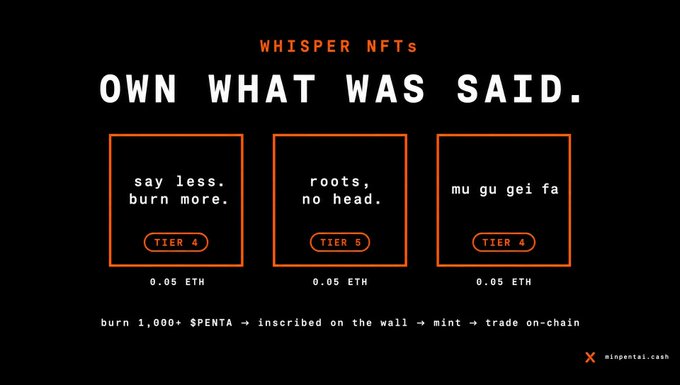 A black promotional graphic for 'WHISPER NFTS' featuring the tagline 'OWN WHAT WAS SAID.' with three tier NFT examples ('say less. burn more.' TIER 4, 'roots, no head.' TIER 5, 'mu gu gei fa' TIER 4) priced at 0.05 ETH each, with instructions to burn 1,000+ $PENTA and the link mintentai.cash.