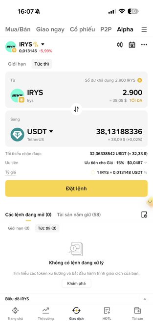 A mobile crypto trading app in Vietnamese showing a buy order interface for IRYS token priced at 2,900 IRYS, with USDT pairing and exchange rate details.