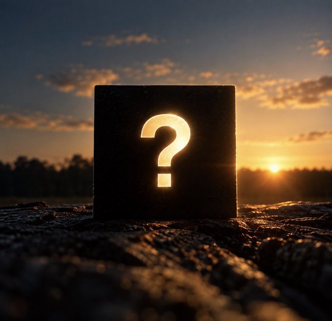 A glowing question mark is projected from a dark square block sitting on rocky terrain, silhouetted against a vibrant sunset sky with scattered clouds.