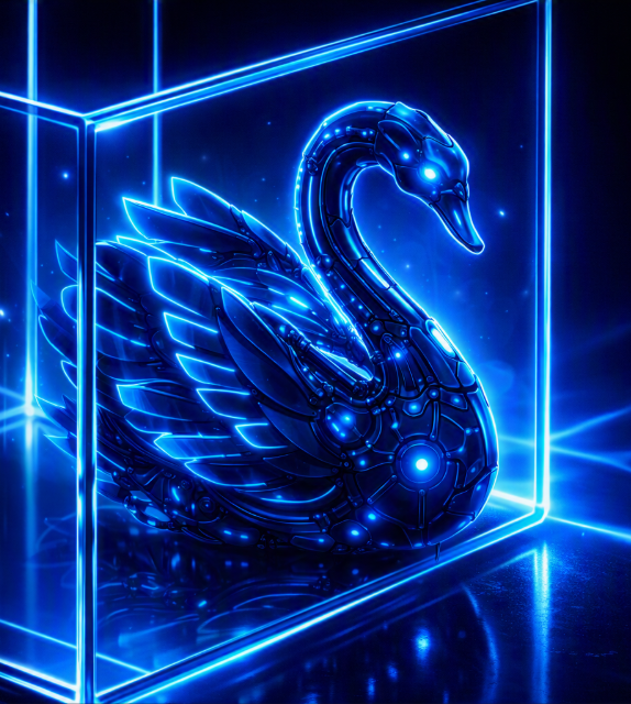 A glowing blue cybernetic swan sculpture is displayed inside a neon-lit cube frame.