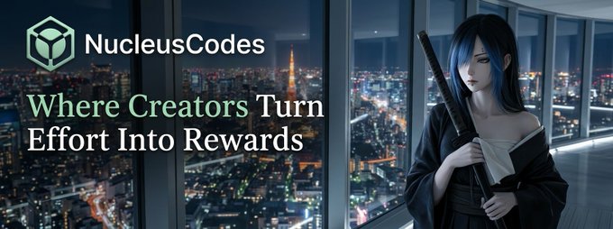 NucleusCodes promotional graphic reading “Where Creators Turn Effort Into Rewards,” featuring a blue-haired anime-style character holding a sword beside a nighttime city skyline.