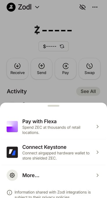 A Zodl wallet interface shows a balance and activity section, with a bottom menu displaying "Pay with Flexa" — an option to "Spend ZEC at thousands of retail locations," illustrating the Flexa integration featured in the Zodl app.