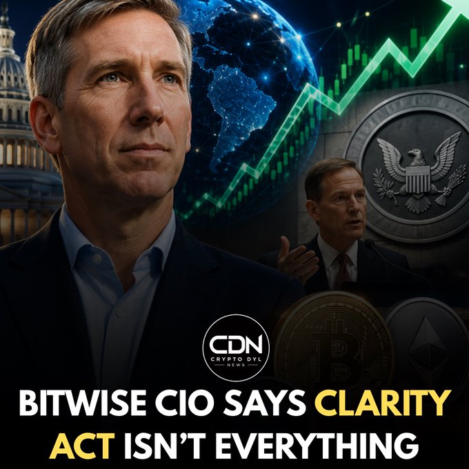 The image shows a Crypto News (CDN) graphic featuring Bitwise CIO Matt Hougan alongside a stock chart with an upward green arrow, a U.S. Capitol dome, the SEC seal, and Bitcoin and Ethereum coins, with the headline "BITWISE CIO SAYS CLARITY ACT ISN'T EVERYTHING." The visual elements directly reinforce the post's message about Hougan's comments on the CLARITY Act and SEC Chair Paul Atkins, as the Capitol dome, SEC seal, and bullish chart illustrate the regulatory and market context shaping his outlook on crypto's continued progress regardless of the legislation's passage.