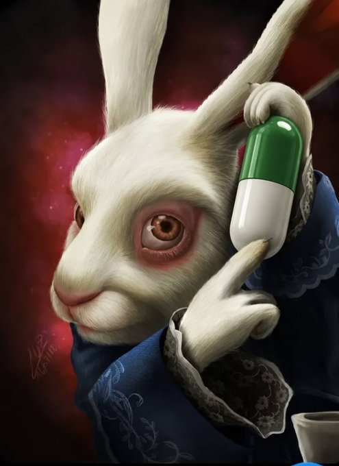 A highly detailed digital illustration of a white anthropomorphic rabbit in a blue dress holding a large green and white capsule pill close to its face.