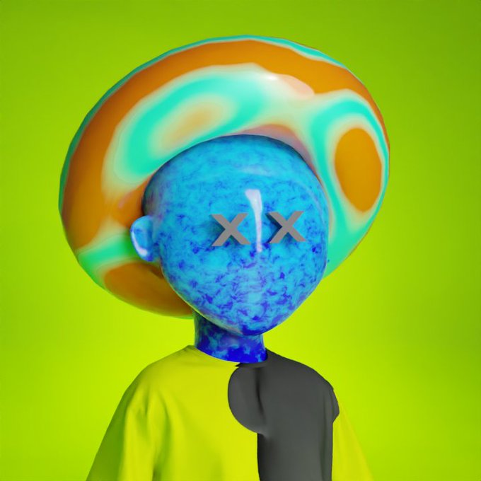 A surreal 3D-rendered figure with a blue, textured face and large "XX" eyes stands against a lime green background, wearing a yellow shirt and an oversized, iridescent orange and teal disc-like hat. The post promotes a 10x guaranteed giveaway collaboration between Robin Club and Robinhood for an upcoming NFT mint, with entry instructions requiring follows, likes, and tagging friends.