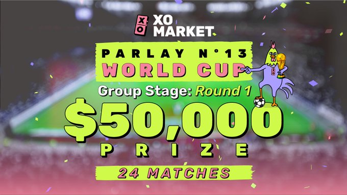 The image features a poster advertising a World Cup prediction market with an intriguing prize: $50,000. The poster has a pink background, green accents, and includes a cartoon rooster holding a soccer ball at its feet. It appears that this event is about to take place on November 13th and will be a Group Stage match-up in which only 24 matches will be played with a total of 16 players needed for each group. The poster also mentions that the winning team will receive an entry into this World Cup.