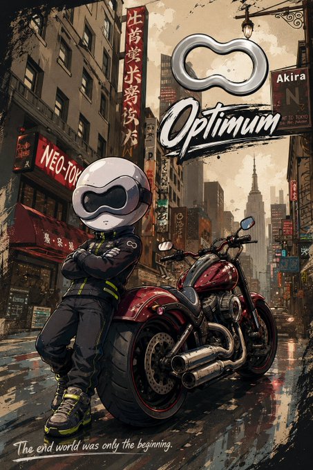 A cyberpunk-style poster featuring 'Optimum' branding with a character in a white helmet and black suit standing next to a red motorcycle in a neon-lit Asian city street, with text reading 'The end world was only the beginning' and references to 'Akira' and 'NEO-TOKYO'.