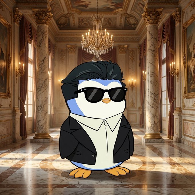 A cartoon penguin wearing sunglasses and a black suit jacket stands in an opulent palace hall with marble columns, a chandelier, and classical paintings.