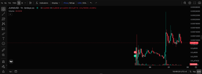 TradingView chart displaying BIRD/USD (BirdEye) price action on Solana, showing recent candle movements with a timestamp of 16:49:20 UTC+3.
