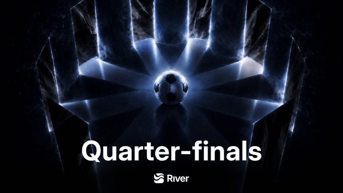 A dramatic soccer ball sits illuminated by beams of light emerging from a dark, stadium-like structure, with bold white text reading "Quarter-finals" and the "River" logo displayed below. The image symbolizes the competitive elimination stages, visually reinforcing the post's message about trapped DeFi liquidity needing to navigate between isolated chains to reach opportunities.