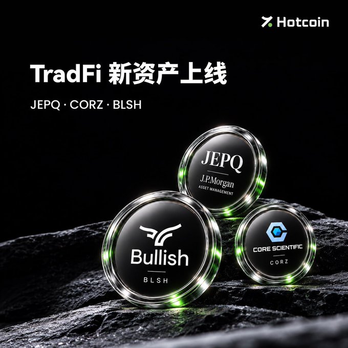 A promotional image from Hotcoin's "TradFi 新资产上线" (TradFi New Asset Listing) campaign, featuring three glowing circular tokens on a rocky surface displaying the tickers and logos of newly listed assets: JEPQ (J.P. Morgan Nasdaq Equity Premium Income ETF), BLSH (Bullish), and CORZ (Core Scientific).