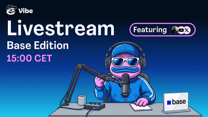 The image features a cartoon character, likely a frog or a monster, sitting at a desk with a microphone. The character appears to be wearing sunglasses and holding a microphone. In front of the character, there's a sign that says "Livestream Base Edition" and "15:00 CET". Another sign below it reads "What are we buying on Base? We’re live in 5 minutes featuring @Mischa0x from @bv7x_ at 15:00 CET!". The image also includes the text "base ecosystem", which might be related to a specific feature or service offered by the platform.