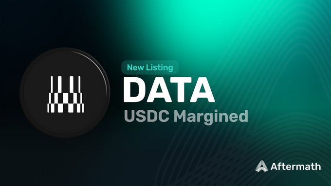 A black piano key icon sits beside text announcing the new listing of DATA USDC Margined on Aftermath, supporting the post's announcement that $DATA can now be traded with up to 3x leverage.