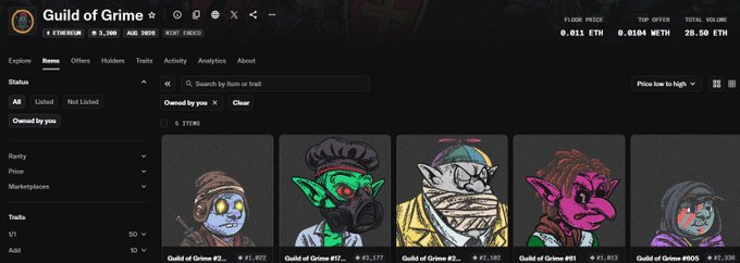 A screenshot of the Guild of Grime NFT collection page on OpenSea, showing various goblin-like character items with ETH prices listed beneath each.