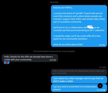 A screenshot of an iMessage conversation shows someone pitching a collaboration with "Puffins" (a community-driven NFT brand), only to be told the other person already collaborated with them. The recipient then reveals they never made a collab, and requests a screenshot of the conversation as proof—illustrating the post's claim that scammers are posing as community managers for @ppuffins to falsely offer collaborations.