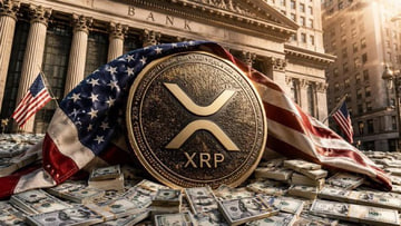 A golden XRP coin rests atop a pile of dollar bills, framed by an American flag and a neoclassical bank facade, symbolizing the cryptocurrency's potential for financial resurgence. The image, paired with optimism about XRP reaching its former peak, evokes themes of wealth, patriotism, and the hope of a major market rebound by late 2026.