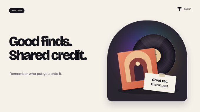 An advertisement graphic with the text 'Good finds. Shared credit. Remember who put you onto it' featuring a vinyl record and a card saying 'Great rec. Thank you' from TONK TRUTH TOWNS.