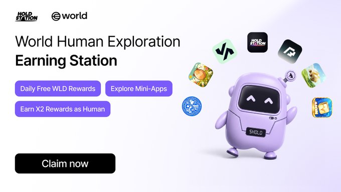 A promotional banner for the "World Human Exploration Earning Station" on Holdstation World features a purple robot mascot and lists perks including "Daily Free WLD Rewards," "Explore Mini-Apps," and "Earn X2 Rewards as Human," aligning with the post's emphasis on doubled rewards for verified users and tiered Pro upgrades.
