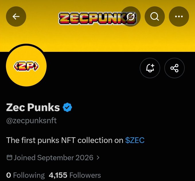 The image shows a Twitter/X profile for "Zec Punks" (@zecpunksnft), verified with 4,155 followers, described as "The first punks NFT collection on $ZEC" and joined in September 2026. The profile aligns with the accompanying post's alpha callout, featuring the pixelated "ZCP" logo and confirming the ZEC chain details for this early NFT project with a supply of 1555.
