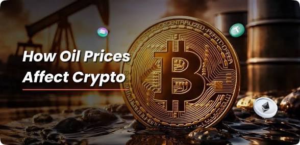 A financial graphic displaying a large golden Bitcoin coin set against an oil field background, titled 'How Oil Prices Affect Crypto' with ETH and SOL ticker icons.