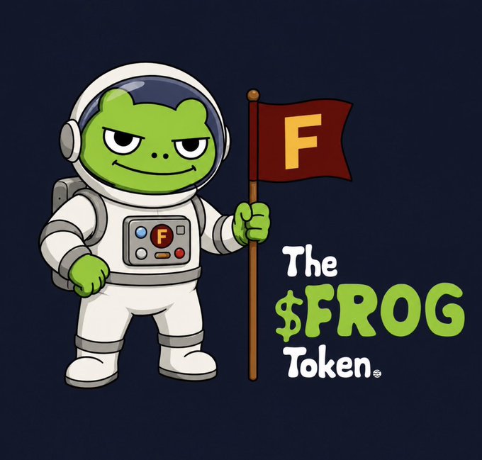 A cartoon frog in a spacesuit holds a flag with the letter "F" beside the text "The $FROG Token," visually representing the $FROG token mentioned in the post about its declining value against $SEI.
