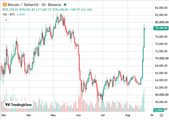 TradingView candlestick chart for Bitcoin/TetherUS (BTCUSDT) showing a price of 78,448.00 with a sharp upward spike.