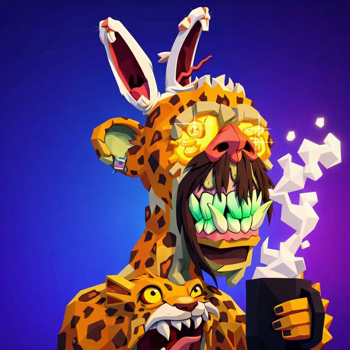 A vibrant digital illustration of a fantastical creature resembling a cheetah with rabbit-like ears, glowing yellow eyes, and a wide toothy grin, holding a jagged white object against a purple background.