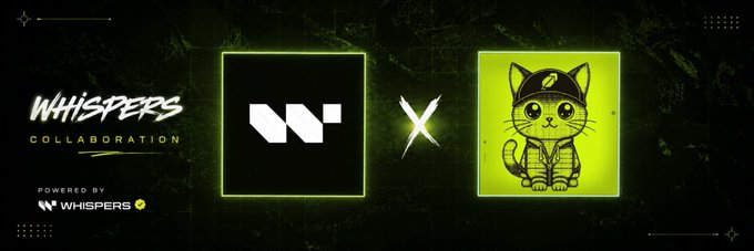 Promotional banner for a 'WHISPERS COLLABORATION' featuring two square logos separated by an 'X' on a dark green background.