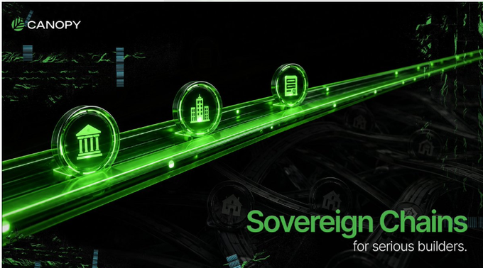 A Canopy promotional banner with a glowing green highway labeled 'Sovereign Chains for serious builders,' featuring icons of buildings and classical institutions.
